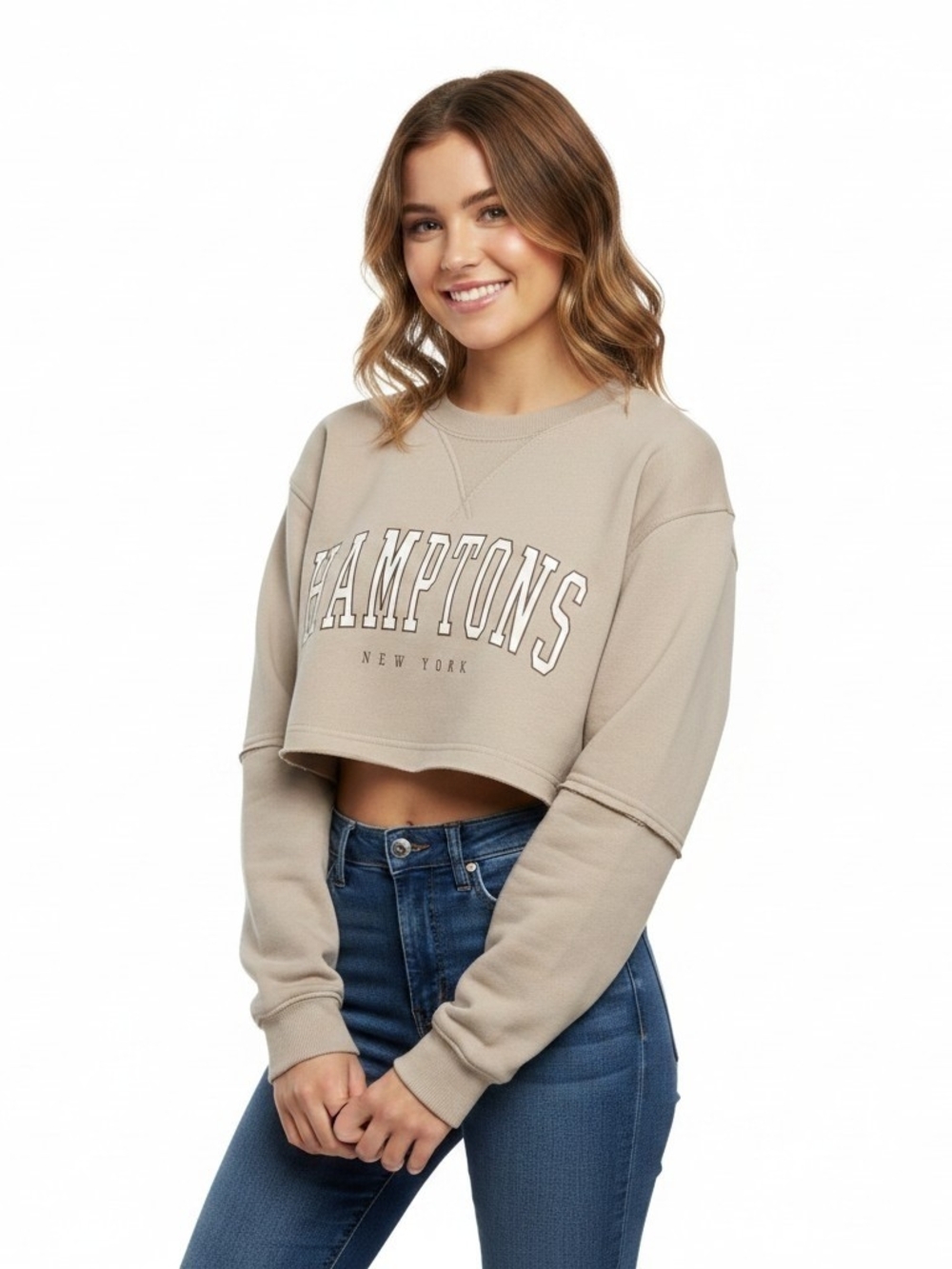 Lazy Sunday Cropped Hamptons Sweatshirt - Taupe In Small